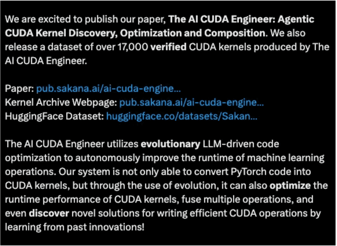 Sakana Labs announcement about The AI CUDA Engineer paper and dataset of 17,000 verified CUDA kernels